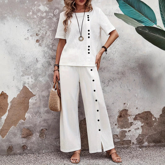 Women’s Two-Piece Set – Relaxed Fit – Wide Leg Trousers – Side Button Detail – Cotton Blend