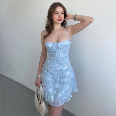 Women’s Mini Dress – Lace Fabric – Fitted Waist – Spaghetti Straps – Ruched Bust