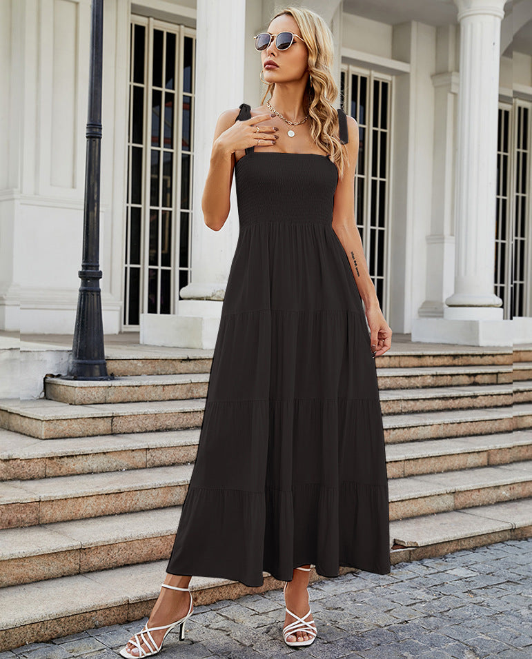 Women’s Maxi Dress – Smocked Bodice – Tie Straps – Tiered Skirt – Backless Elegant Fit