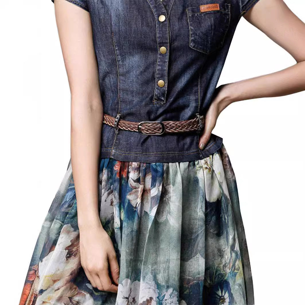 Women’s Maxi Dress – V-Neck – Button Front – Braided Belt – Short Sleeve – Breathable Blend