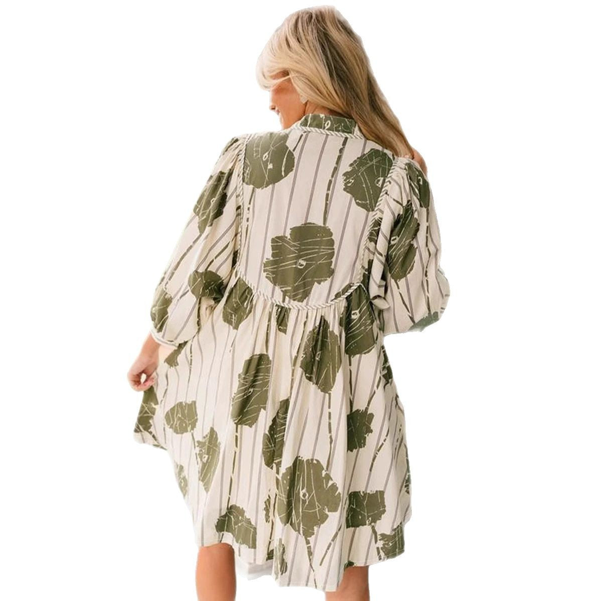 Women’s Short Dress – Cotton Blend – Puff Sleeve – V-Neck – Floral Print – Cinched Waist