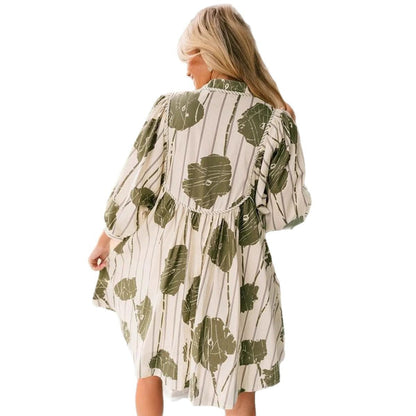 Women’s Short Dress – Cotton Blend – Puff Sleeve – V-Neck – Floral Print – Cinched Waist