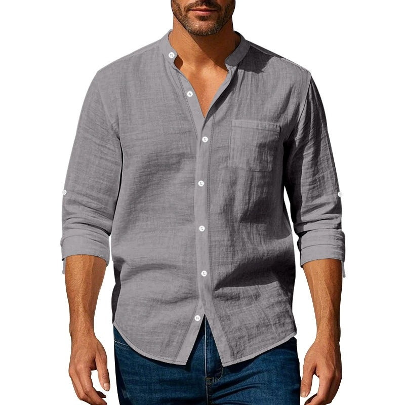 Men’s Long Sleeve Shirt – Relaxed Fit – Linen – Band Collar – Button Tab Sleeves