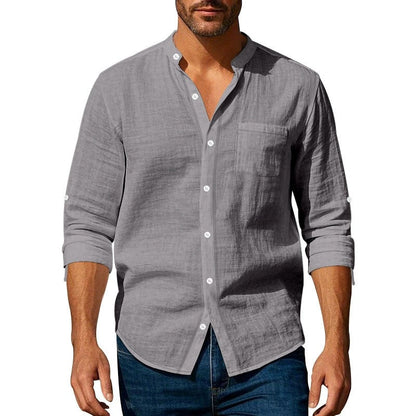 Men’s Long Sleeve Shirt – Relaxed Fit – Linen – Band Collar – Button Tab Sleeves