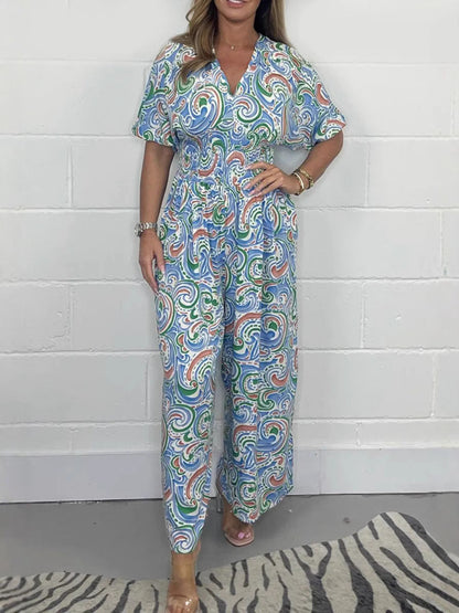 Women’s Jumpsuit – Relaxed Fit – Wide Leg – V-Neck – Short Sleeve – Boho Print