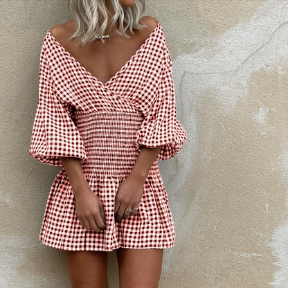 Women’s Mini Dress – Cotton Blend – V-Neck – Puff Sleeves – Gingham – Elastic Waist