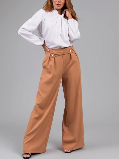 Women’s Wide-Leg Trousers – High Waist – Asymmetric Waistband – Full Length Relaxed Fit
