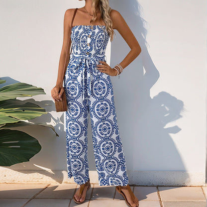 Women’s Strapless Jumpsuit – Wide Leg – Smocked Waist – Lightweight Printed Fabric