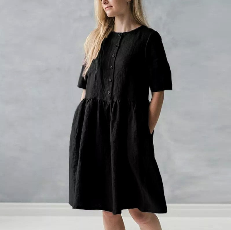 Women’s Midi Dress – Cotton Linen Blend – Relaxed Fit – Short Sleeve – Button Front with Pockets