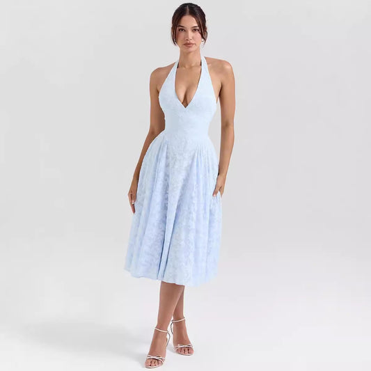 Women’s Halter Midi Dress – Slim Fit – Satin Finish – Deep V-Neck – A-Line Shape