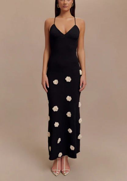 Women’s Slip Dress – Slim Fit – Knit Fabric – 3D Floral Detail – Open Back Tie Design