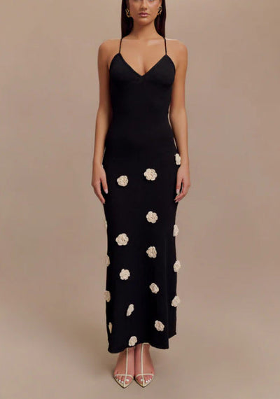 Women’s Slip Dress – Slim Fit – Knit Fabric – 3D Floral Detail – Open Back Tie Design