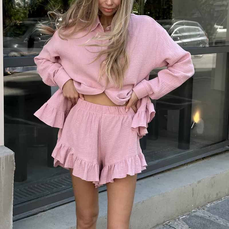Women’s Loungewear Set – Cotton Blend – Relaxed Fit – Long Sleeve Shirt & Ruffle Shorts