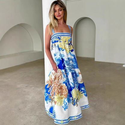 Women’s Maxi Dress – Cotton Blend – A-Line Fit – Tiered Printed – Thin Straps