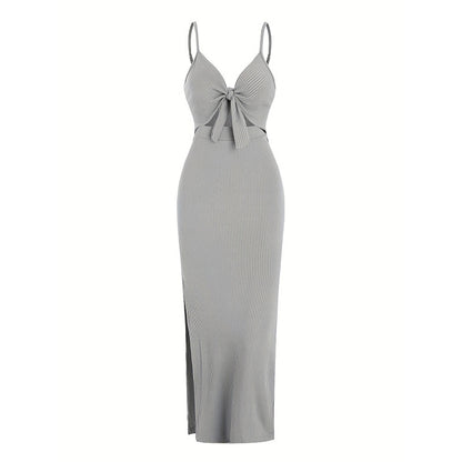 Women's Maxi Dress - Ribbed Knit - Spaghetti Strap - Cut-Out Front Knot Detail