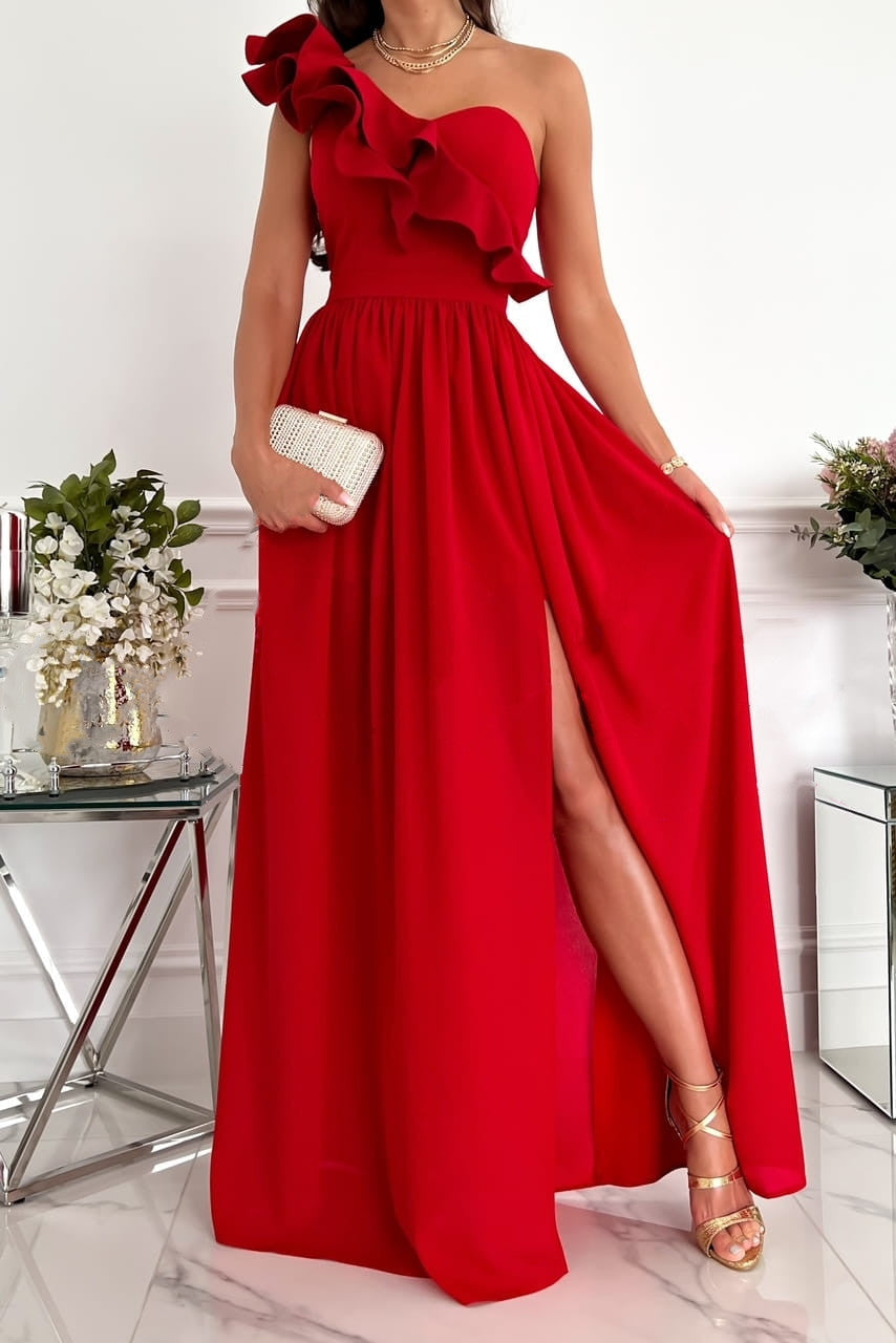 Women’s Evening Dress – One-Shoulder Ruffle – High Slit – Flowy Silhouette – Satin Look