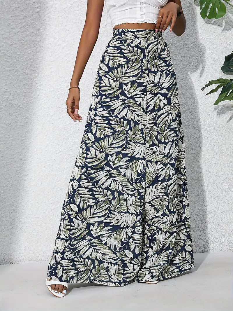Women’s Wide-Leg Trousers – High Waist – Lightweight Fabric – Floral Print – Full Length