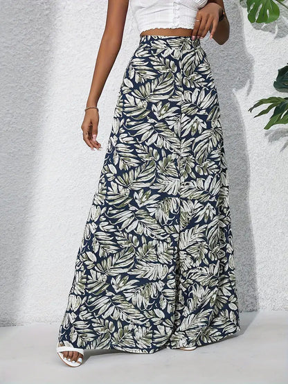 Women’s Wide-Leg Trousers – High Waist – Lightweight Fabric – Floral Print – Full Length