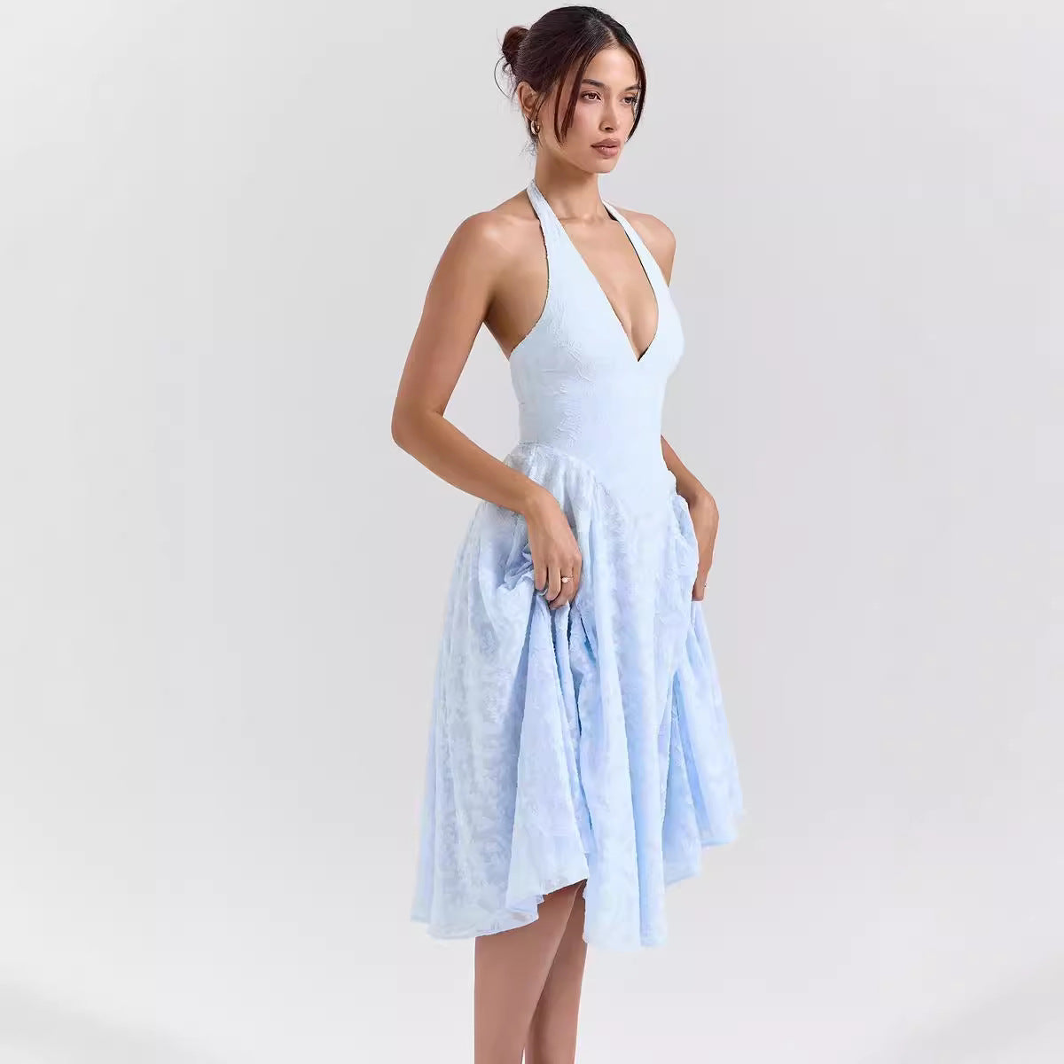 Women’s Halter Midi Dress – Slim Fit – Satin Finish – Deep V-Neck – A-Line Shape