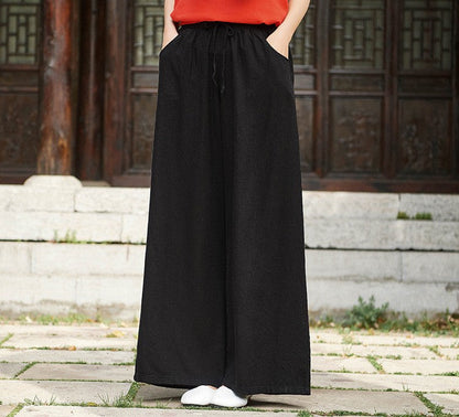 Women’s Wide-Leg Trousers – Cotton Linen Blend – Relaxed Fit – Drawstring Waist – Full Length