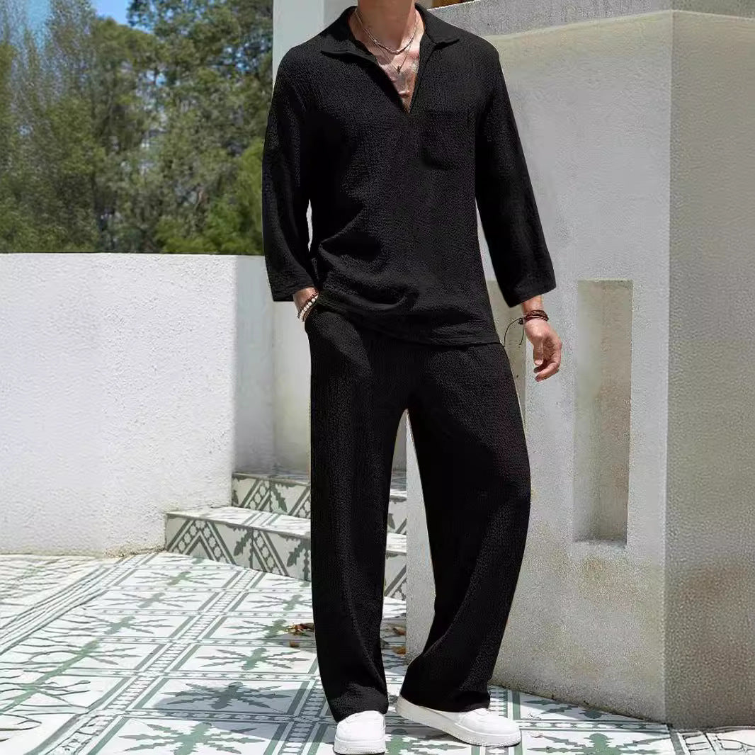 Men’s Lounge Set – Relaxed Fit – Long Sleeve Shirt & Full-Length Pants – Soft Knit