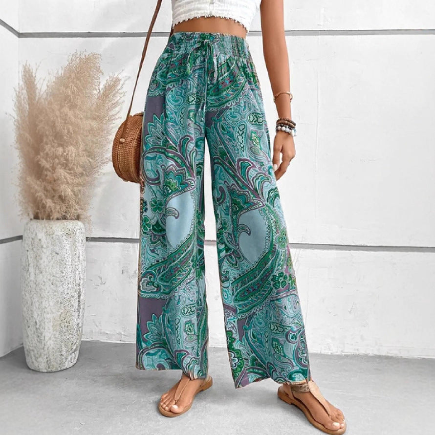 Women’s Wide-Leg Trousers – Bohemian Print – High Waist Tie Belt – Flowy Fit