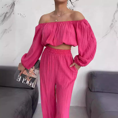 Women’s Two-Piece Set – Off-Shoulder Crop Top – Wide-Leg High-Waist Trousers – Lightweight Fabric