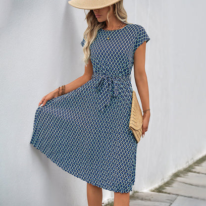 Women’s Midi Dress – Relaxed Fit – Tie Waist – Short Sleeve – Breathable Blend – Graphic Pattern