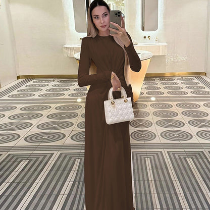 Women’s Evening Dress – Satin Fabric – Slim Fit – Long Sleeve – Gathered Waist – Full Length