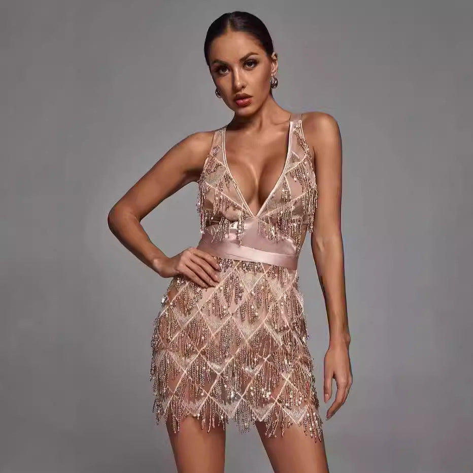 Women’s Midi Dress – Fitted Silhouette – Sequin Tassel Detail – Plunging V-Neck