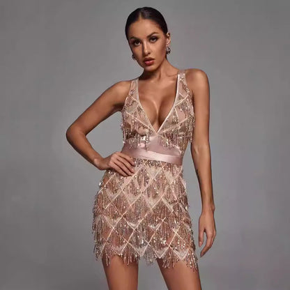 Women’s Midi Dress – Fitted Silhouette – Sequin Tassel Detail – Plunging V-Neck