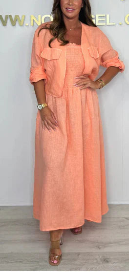 Women’s Maxi Dress Set – Smocked Bodice – Relaxed Fit – Cotton – Matching Jacket