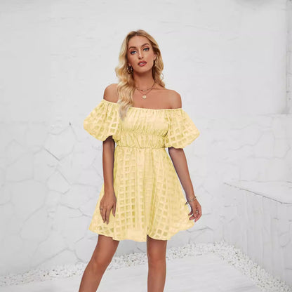 Women’s Mini Dress – Puff Sleeves – Square Neck – Gathered Waist – Textured Breathable Blend