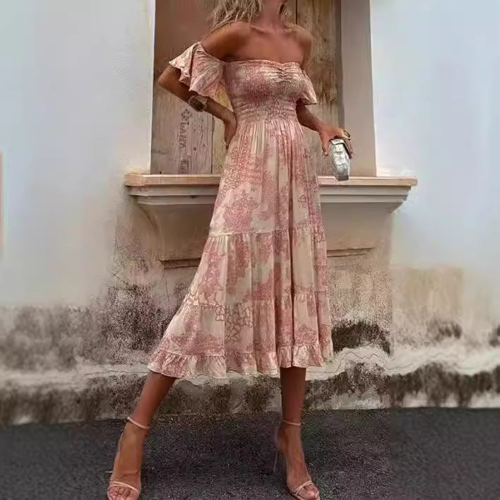 Women’s Off-Shoulder Midi Dress – Smocked Bodice – Ruffled Tiers – Lightweight Fit