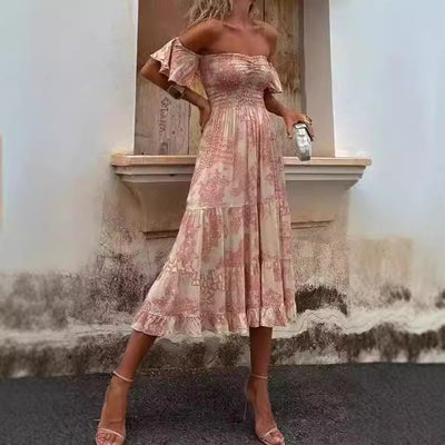 Women’s Off-Shoulder Midi Dress – Smocked Bodice – Ruffled Tiers – Lightweight Fit