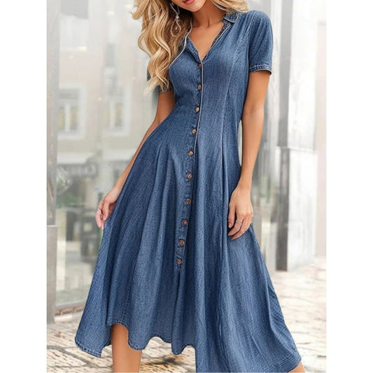 Women’s A-line Dress – Denim – Button-Down Front – Midi Length – Short Sleeve Casual