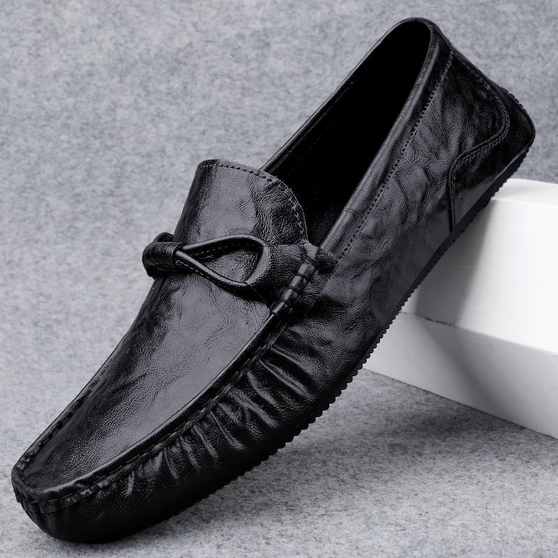 Men’s Leather Loafers – Slip-On Design – Decorative Tie – Printed Detailing
