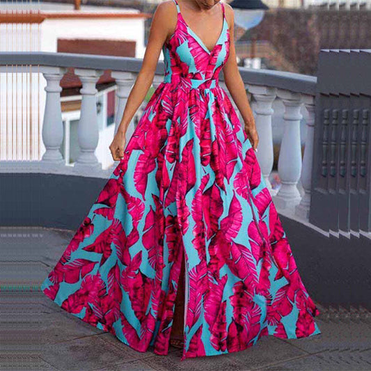 Women’s Maxi Dress – A-Line Fit – Spaghetti Straps – Plunging Neckline – Printed Design