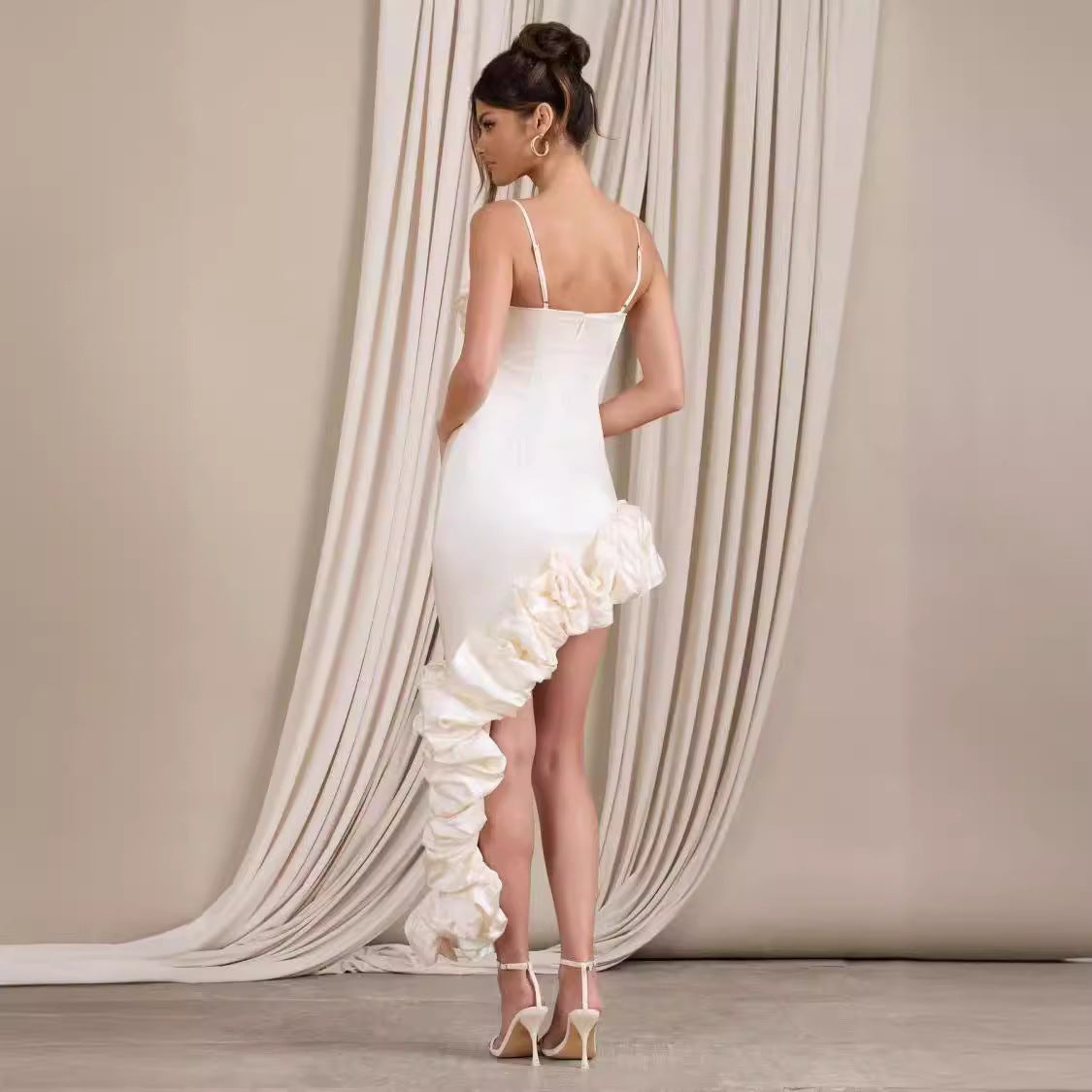 Women’s Evening Gown – Satin Fabric – Slim Fit – Asymmetric Hem – Spaghetti Straps