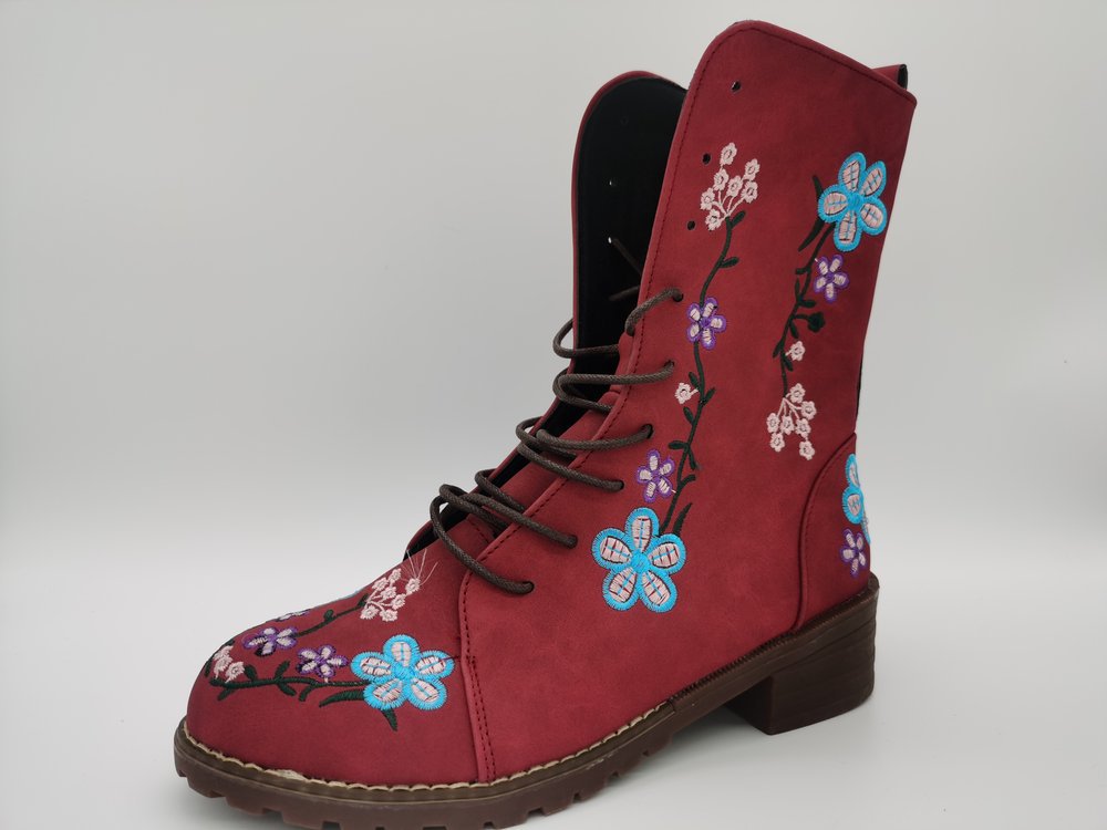 Women’s Mid-Calf Boots – Embroidered Floral – Block Heel – Lace-Up with Side Zip