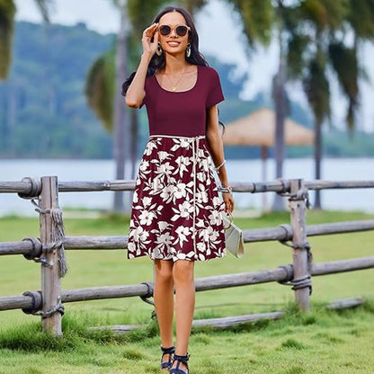 Women’s Dress – Fit and Flare – Knee Length – Patterned Skirt – Round Neck – Short Sleeve
