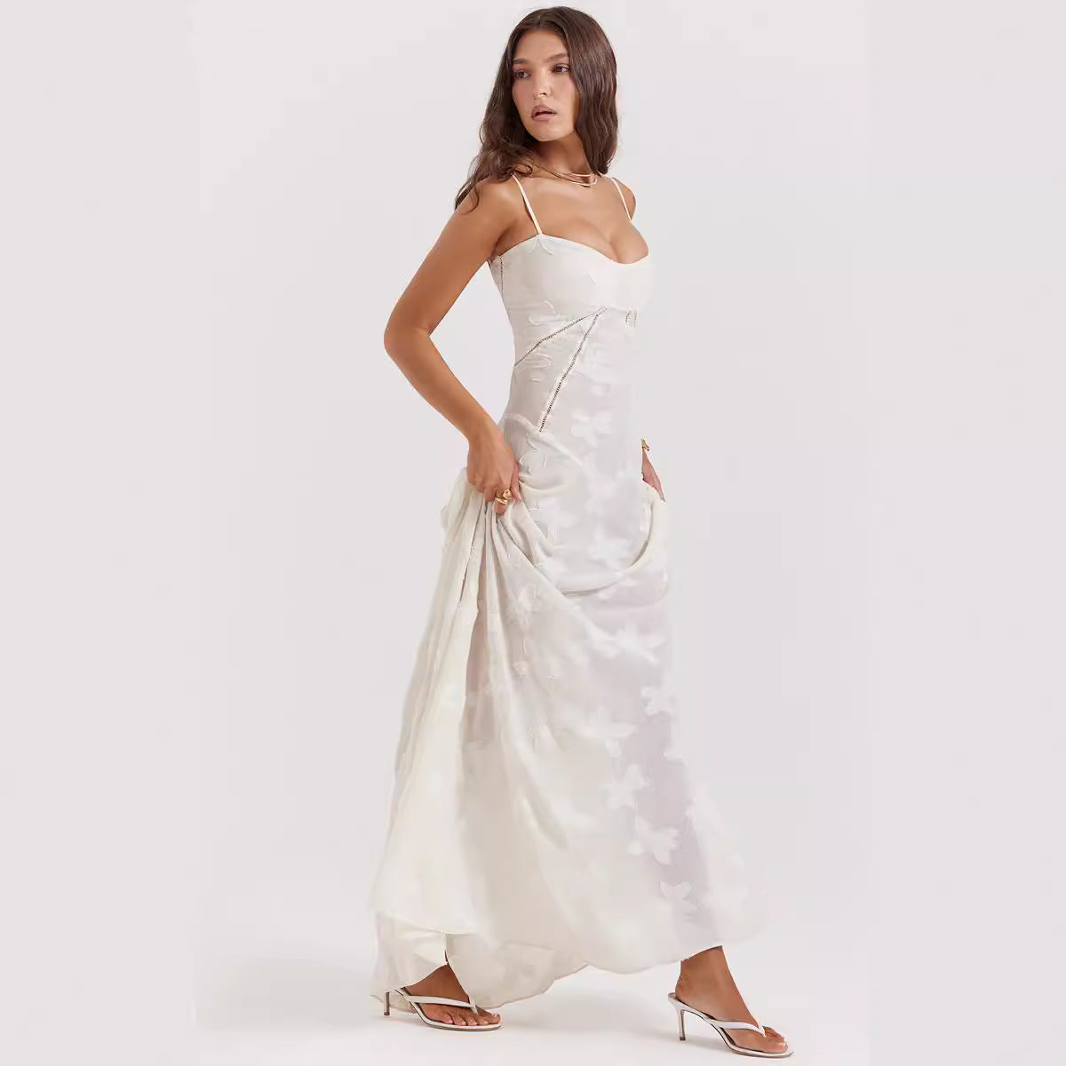 Women’s Evening Gown – Chiffon Slim Fit – Spaghetti Straps – Embroidered Draped Panel