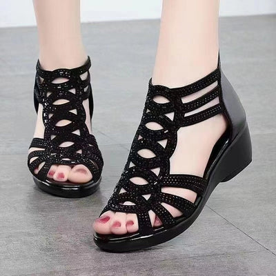 Women’s Sandals – Soft Leather – Medium Heel – Cut-Out Straps – Open Toe Stylish Fit