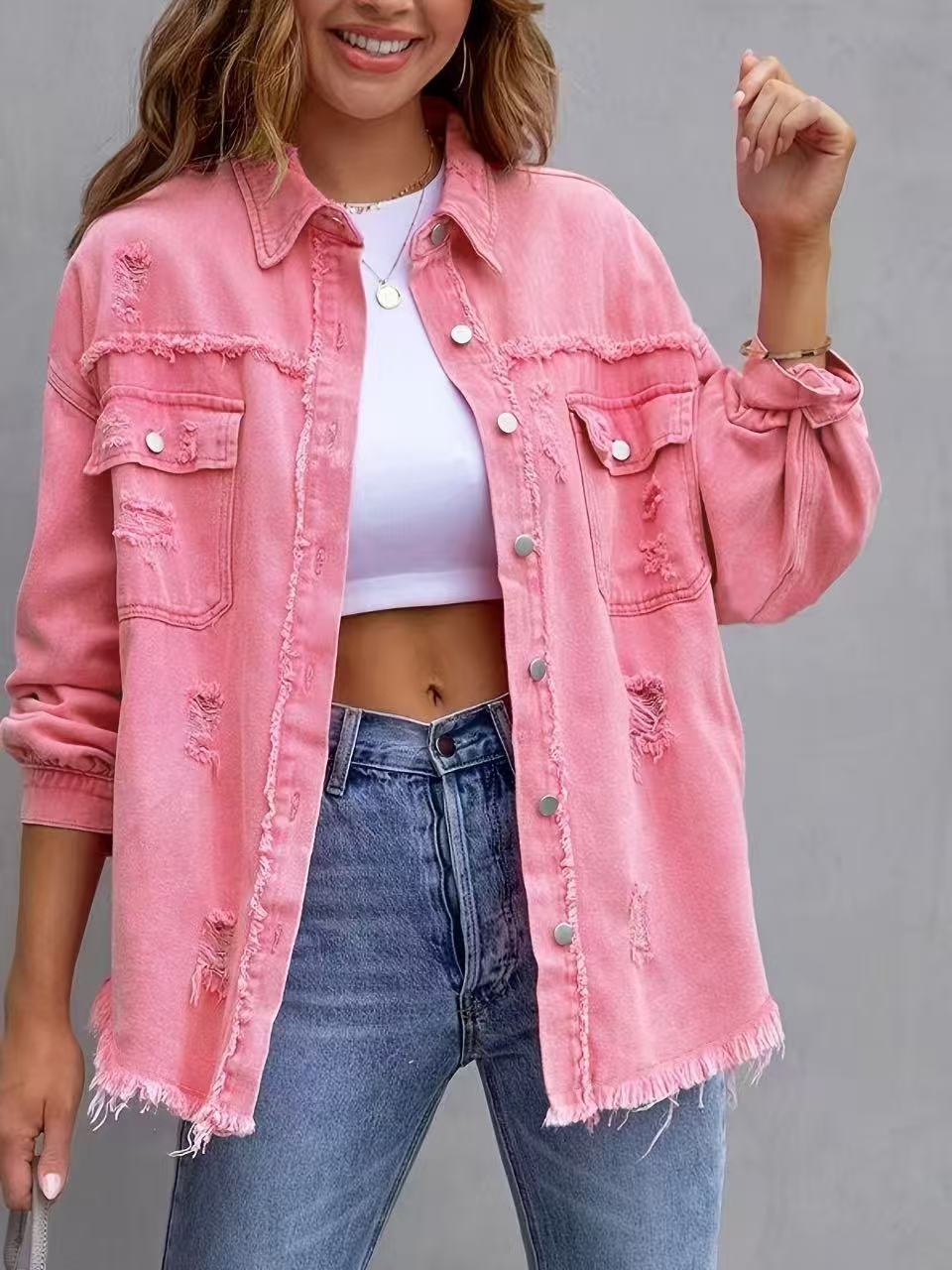 Women’s Denim Jacket – Oversized Fit – Distressed Mid Length – Casual Layering Piece