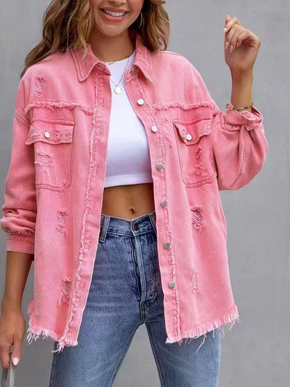Women’s Denim Jacket – Oversized Fit – Distressed Mid Length – Casual Layering Piece