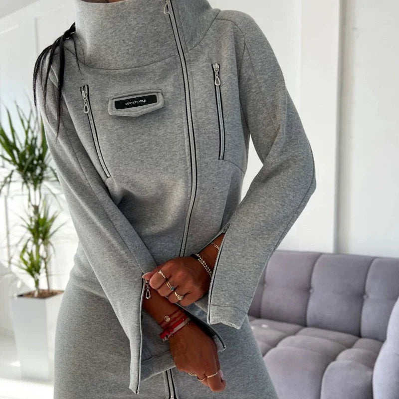 Women’s Knit Dress – Slim Fit – High Collar – Front Zip – Above Knee Length