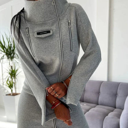 Women’s Knit Dress – Slim Fit – High Collar – Front Zip – Above Knee Length
