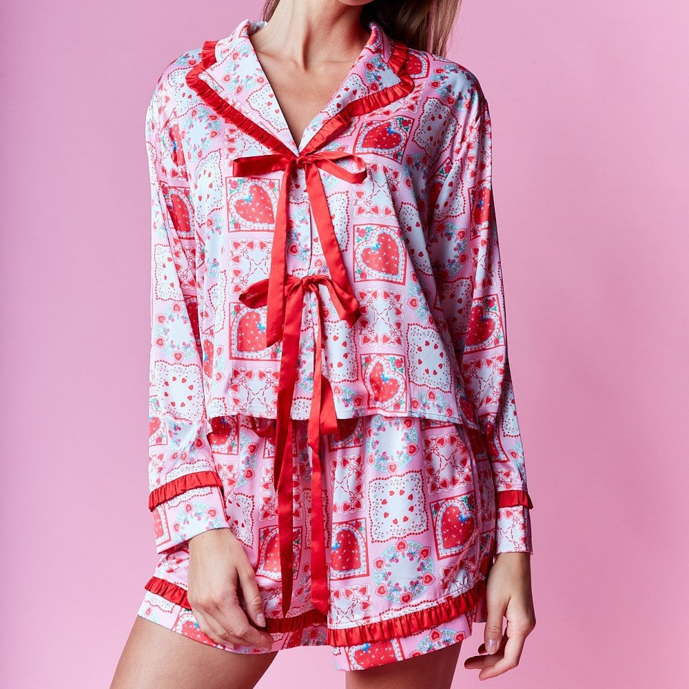 Women’s Pajama Set – Satin Finish – Relaxed Fit – Bow Top – Ruffle Trim Shorts