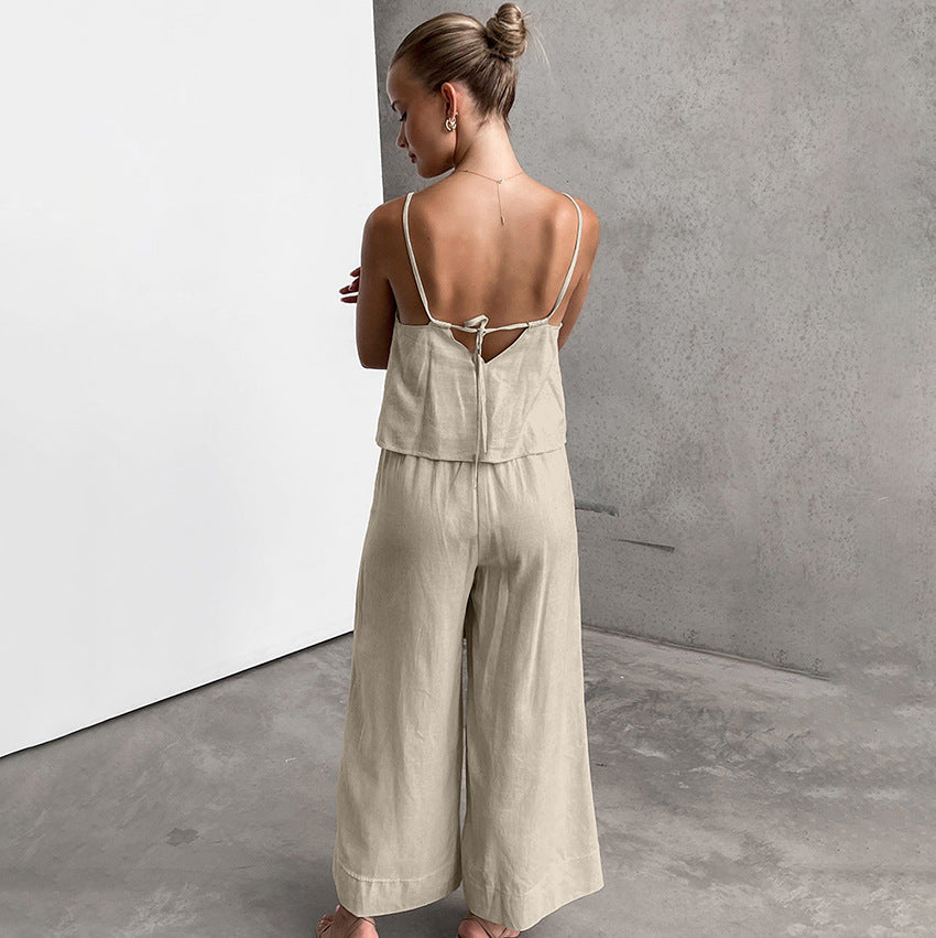 Women’s Two-Piece Set – Cotton Linen Blend – Relaxed Fit – Sleeveless Top & Wide-Leg Trousers
