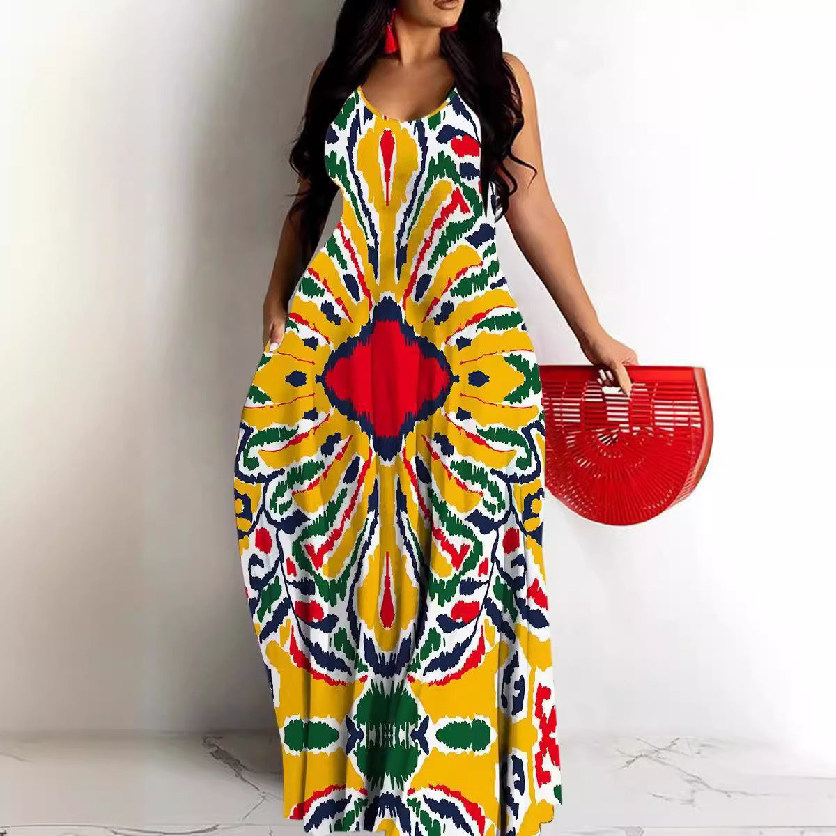Women’s Maxi Dress – Flowy Fit – Deep V Neck – Spaghetti Straps – Abstract Print